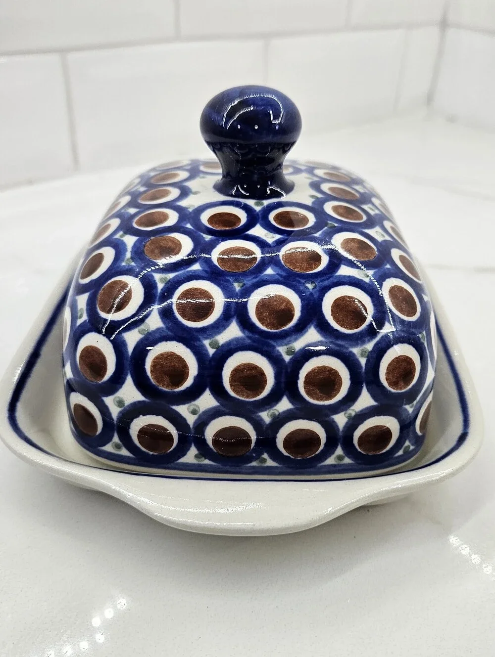 Boleslawiec Polish Pottery Peacock Butter Dish Blue Brown Circles Covered Large